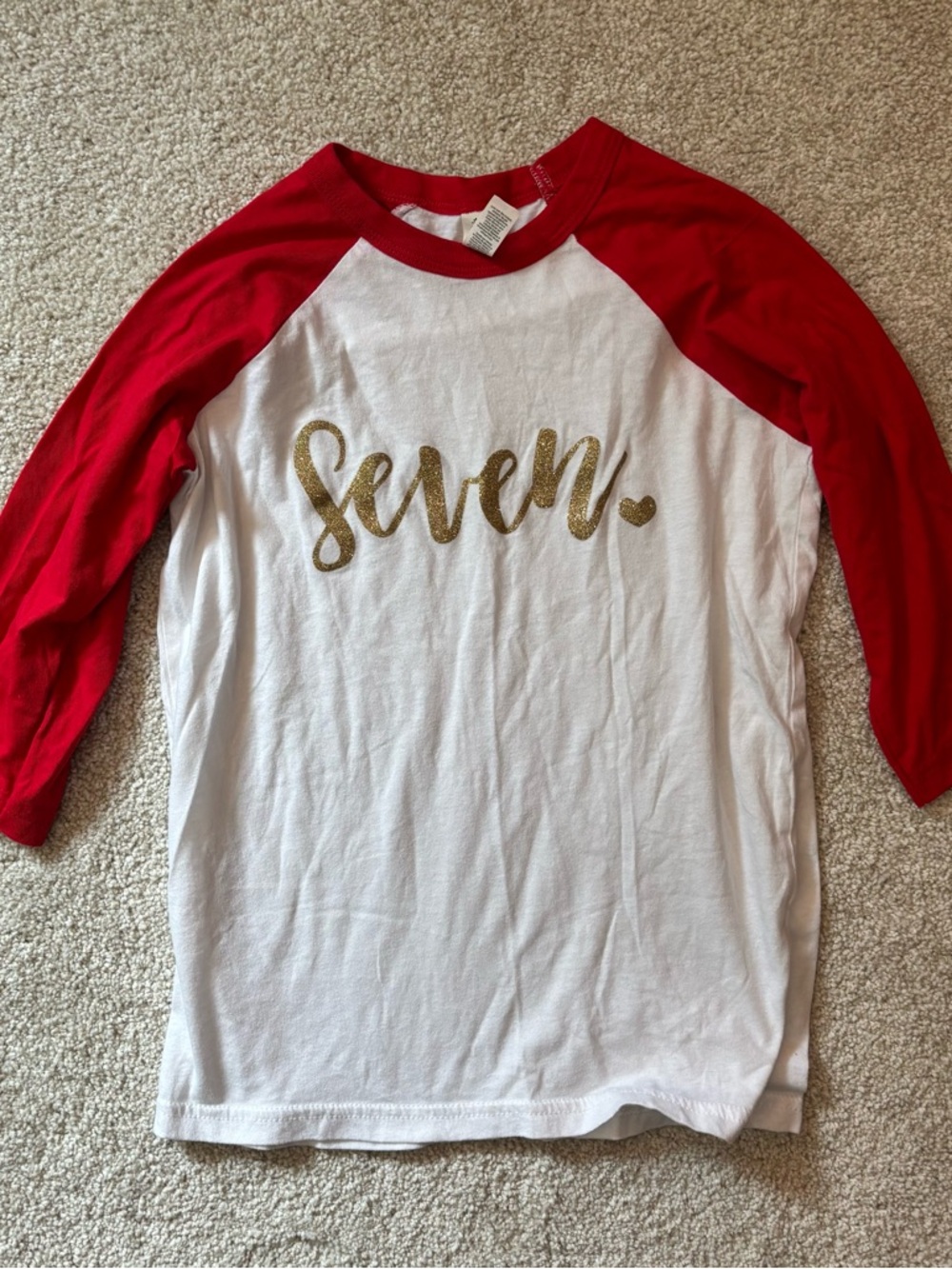 Seven year old Birthday Glitter Shirt White & Red Raglan size small 6-8